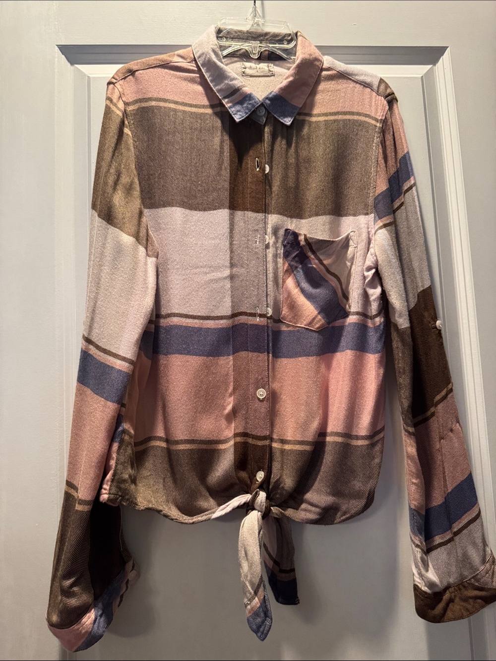 Altar'd State Pink, Brown & Blue Striped Tie-Front Button-Down